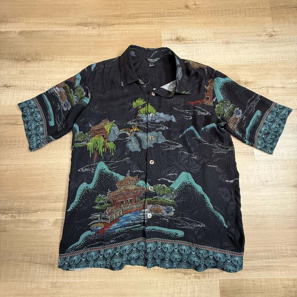 Citron Santa Monica Men's Silk Blend Pagoda Mountain Landscape Shirt Size M